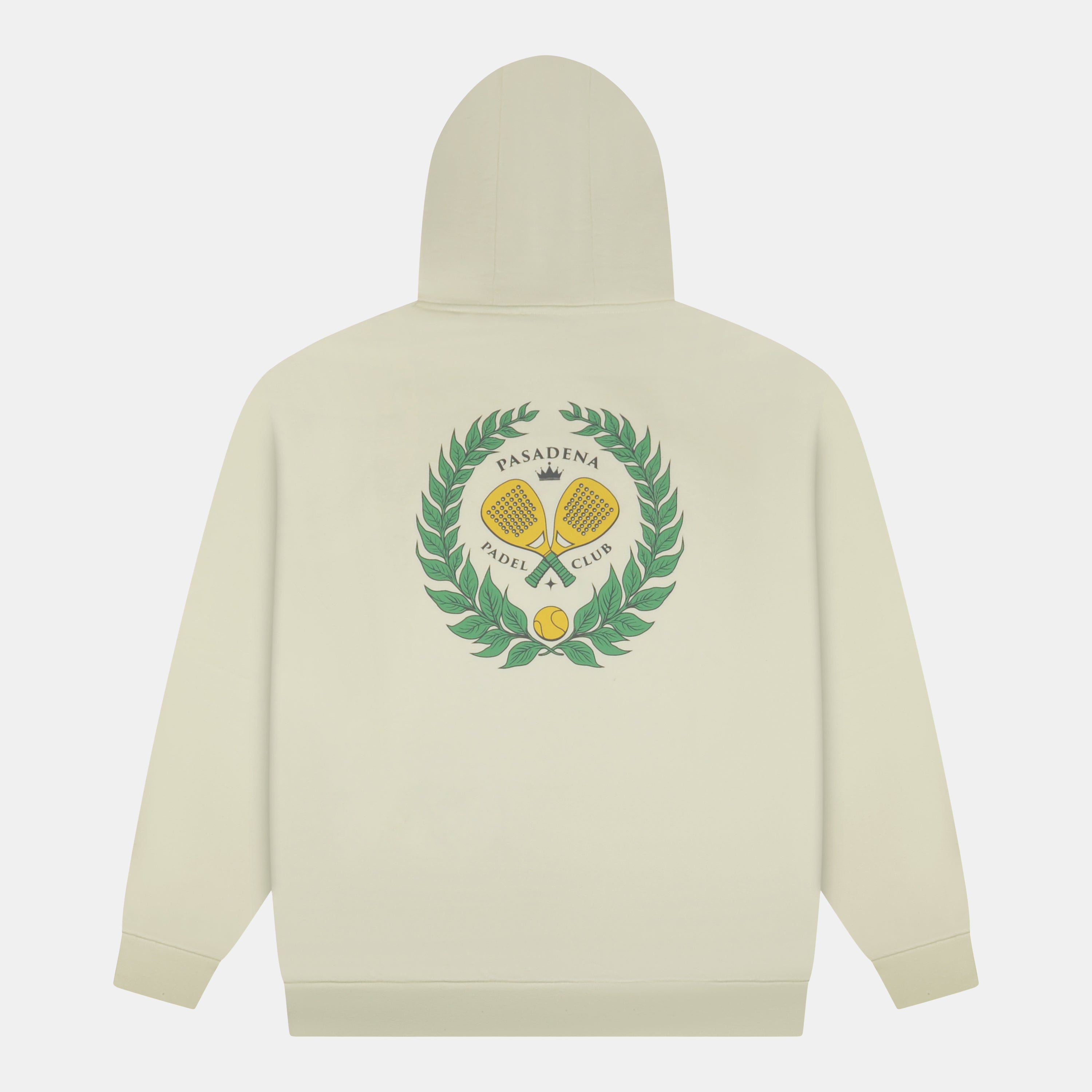 Beige hoodie with a logo on the back against a white background