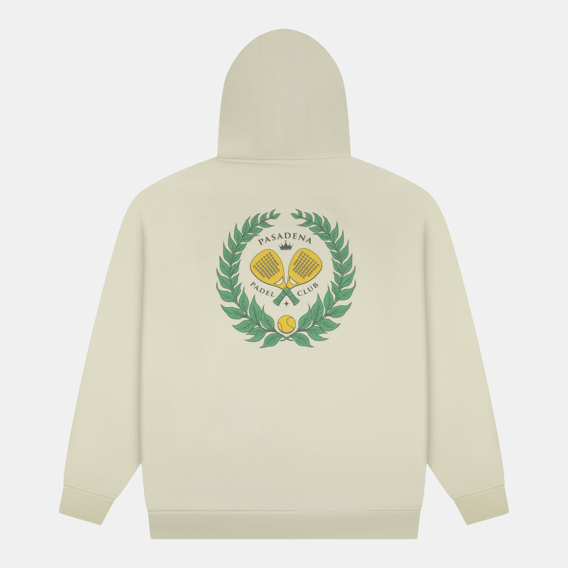 Beige hoodie with a logo on the back against a white background